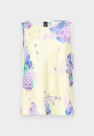 Sleeveless top made of smooth fabric, yellow with floral prints in purple and blue. Features a round neckline and relaxed fit.