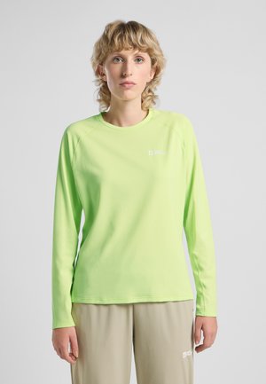 Langsleeve, fel limoen groene shirt van gladde stof met een ronde hals en subtiele logo op de borst. Raglanmouwen.