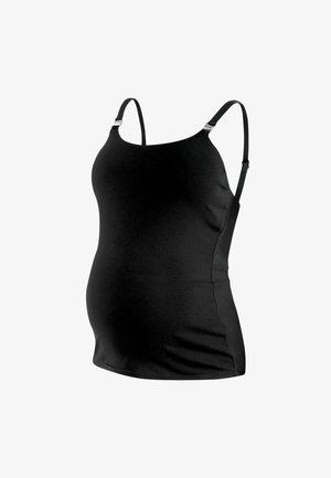 Schwarzes Umstandstanktop mit verstellbaren Trägern, weichem Stoff, figurbetonter Form und gerafften Seitendetails für Komfort während der Schwangerschaft.