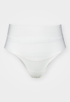 Bas de bikini blanc avec une texture lisse, taille mi-haute et léger éclat. Design simple sans motifs ni accents visibles.