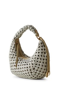 Woven handbag in light gray with a rounded shape. Features a textured finish, a gold zipper, and a semi-circular handle.