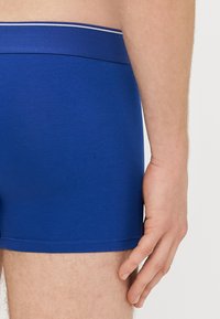 Μπλε ελαστικά μπόξερ με λείο υλικό, διαθέτουν αντίθετη λευκή μέση και σχεδιασμό μήκους μέχρι το μέσο του μηρού.