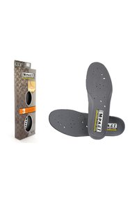 Grijze inlegzolen met een geperforeerd oppervlak, verpakt in een doos met een textuurontwerp. Bevat branding "M-P.A.C.T." in vetgedrukt.