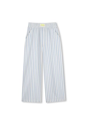 Pantalon large à rayures verticales bleu clair et blanc avec une taille élastique et des poches latérales.