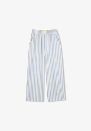 Pantalon large à rayures verticales bleu clair et blanc avec une taille élastique et des poches latérales.