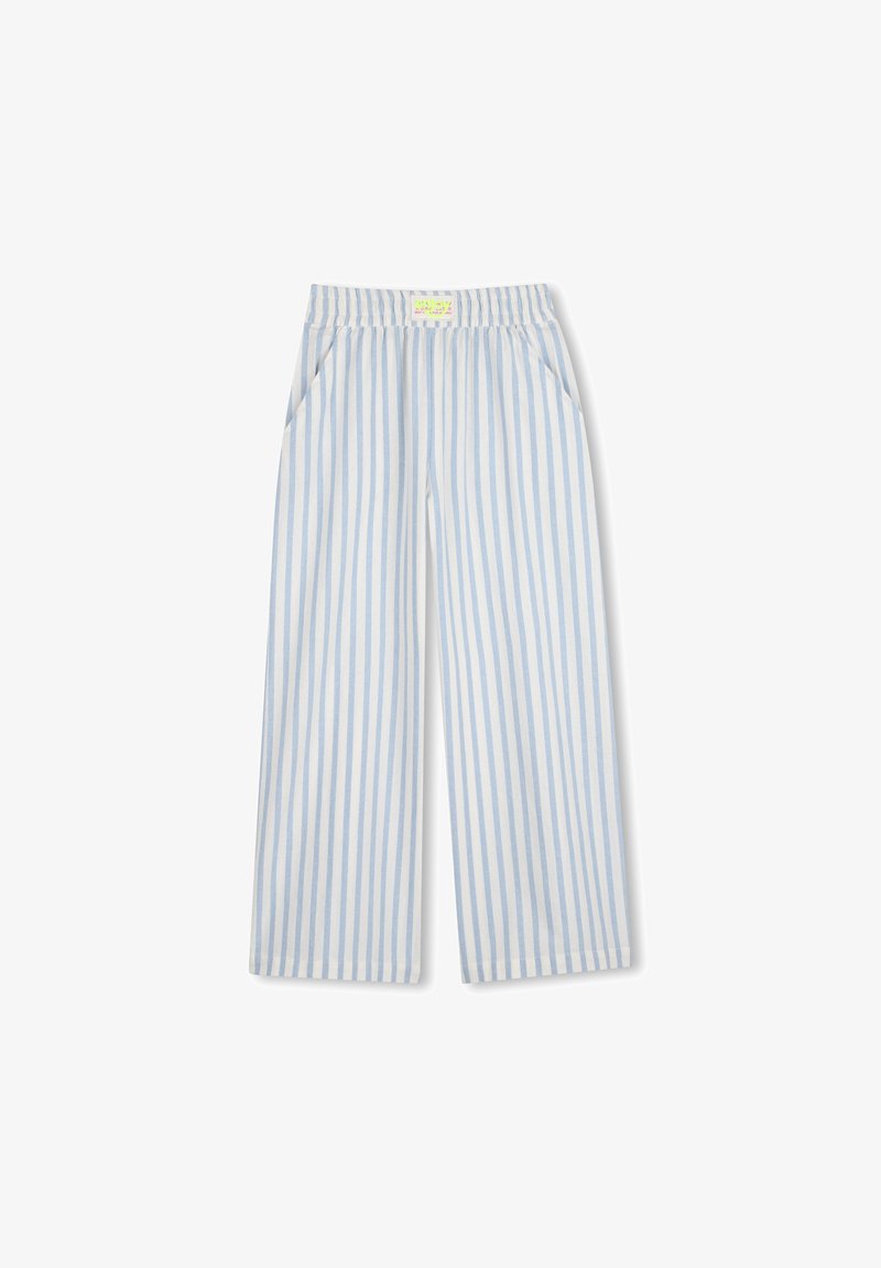Pantalon large à rayures verticales bleu clair et blanc avec une taille élastique et des poches latérales.
