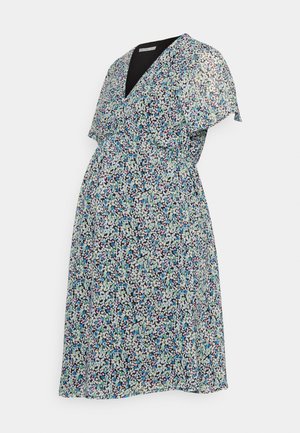 Vestido de maternidade com decote em V, mangas curtas e esvoaçantes, e um padrão floral em azul, rosa e preto sobre um fundo claro.