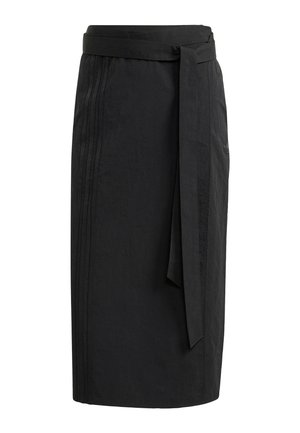 Black midi skirt with a smooth texture, featuring a tie waistband and vertical pleats for added detail. Simple, sleek design without patterns.