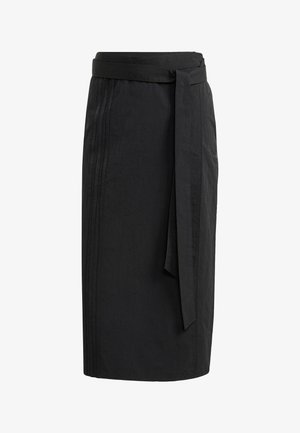 Gonna nera midi con texture liscia, dotata di vita con lacci e pieghe verticali per un tocco di dettaglio. Design semplice e raffinato senza motivi.