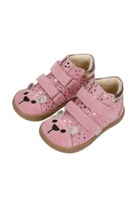 Scarpe in suede rosa con design viso di orso, dettagli glitterati e cinturini regolabili in Velcro. Fodera interna morbida e suola flessibile.