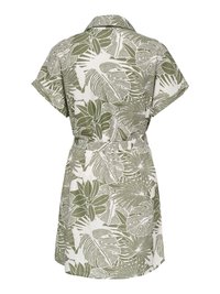 Robe à manches courtes avec motif de feuilles tropicales vertes sur fond blanc, avec col et taille ceinturée, vue de dos.