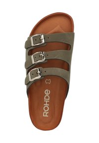 Rohde slide sandal with three adjustable dark green straps, silver buckles, and a brown contoured footbed. Textured rubber sole.