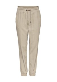 Pantalon de jogging beige avec une taille à cordon de serrage, des poignets élastiques, une texture lisse et une coupe décontractée pour le confort et la liberté de mouvement.