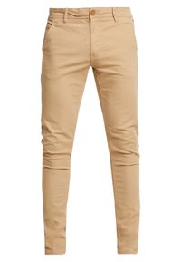 Pantaloni da uomo beige slim-fit con chiusura a pulsante, passanti per cintura e tasche laterali, esposti su uno sfondo bianco.