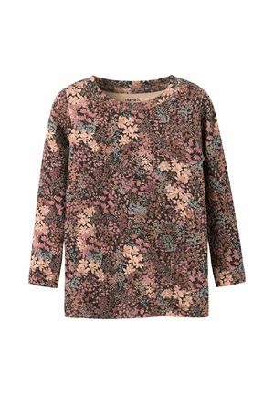 Langermige top van zacht stof, met een veelkleurig bloemenpatroon in roze, blauw en crèmekleur op een donkerbruin achtergrond.