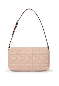 Borsa a tracolla in pelle rosa trapuntata con motivo trapezoidale. Presenta una singola tracolla regolabile e una texture liscia.