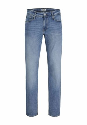 Jean slim bleu avec poches avant, passants de ceinture, fermeture par boutons et détails délavés sur les cuisses et les genoux.