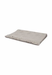 Grey woven blanket with a textured pattern, finished with fringed edges. Soft material and rectangular shape, suitable for home use.