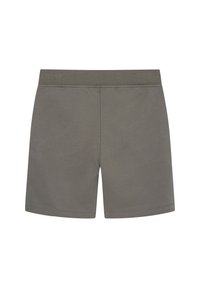 Shorts unis gris avec taille élastique, coupe droite et couture visible le long de la taille et de l'ourlet.