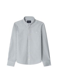 Camisa de botones con rayas horizontales en gris claro y blanco, confeccionada en algodón, con cuello clásico y mangas largas. Pequeño logo en el pecho.