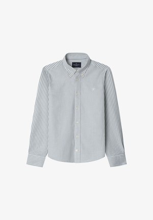 Koszula zapinana na guziki w poziome jasnoszare i białe paski, wykonana z bawełny, z klasycznym kołnierzykiem i długimi rękawami. Małe logo na piersi.