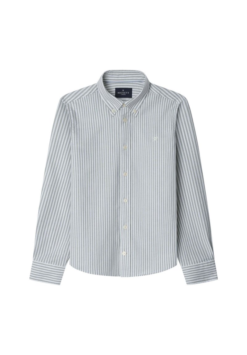 Camisa de botones con rayas horizontales en gris claro y blanco, confeccionada en algodón, con cuello clásico y mangas largas. Pequeño logo en el pecho.