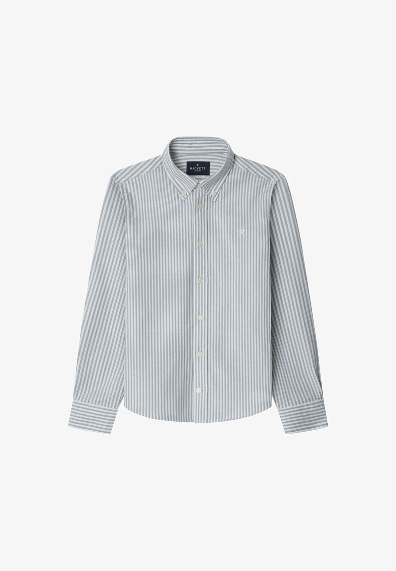 Knappup skjorta med horisontella ljusgrå och vita ränder, tillverkad av bomull med klassisk krage och långa ärmar. Litet logotyp på bröstet.