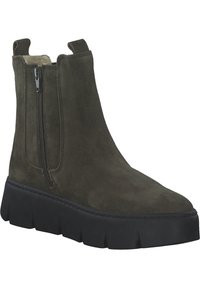 Donkergroene suède enkelboot met zijrits, ronde neus en chunky zwarte platformzool met gegroefde randen voor grip.