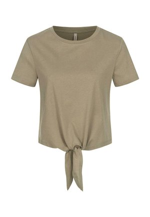 Kortärmad, ljusbrun bomulls-t-shirt med rund hals och knutdetalj vid fållen, med en mjuk textur.
