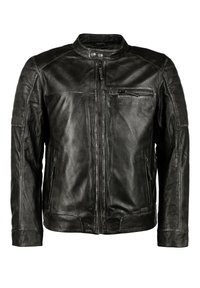 Schwarze Lederjacke mit einem Frontreißverschluss, Druckknopfkragen und einer elastischen Brusttasche. Verfügt über gepolsterte Schultern und Seitentaschen.