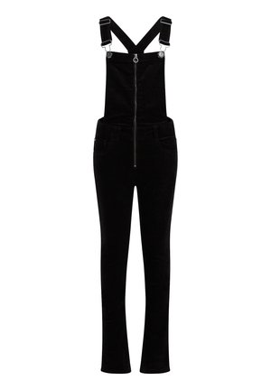 Czarne sztruksowe ogrodniczki z regulowanymi szelkami, przednim zamkiem błyskawicznym, dwoma bocznymi kieszeniami oraz wąskim krojem nogawek. Miękka faktura, bez wzorów.