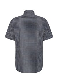 Kurzarmhemd in Marineblau mit geometrischem Muster. Hergestellt aus leichtem Stoff, mit einem Kentkragen und einer lockeren Passform mit abgerundetem Saum.