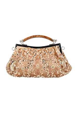 Borsa clutch beige con ricamo elaborato di paillettes e perline, cornice nera e manico curvo in tartaruga.