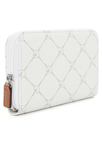 Portafoglio zip bianco realizzato in materiale sintetico testurizzato; presenta un motivo a diamante con loghi sottili e un zip pull in pelle marrone.