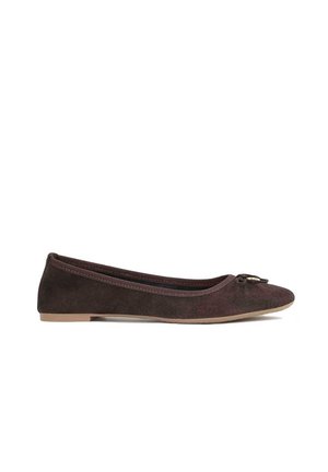 Brown suede ballet flat with a rounded toe, elastic trim, and a small bow accent on the vamp; features a flat, beige rubber sole.