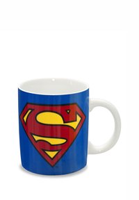 Ceramic mug with a blue background featuring a red and yellow Superman logo. Smooth surface and rounded handle.