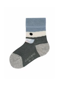 Kindersocken mit einem Walmotiv, in einem Farbschema aus Blau und Grau, mit geripptem Bund und verstärktem Zehen- und Fersenbereich.