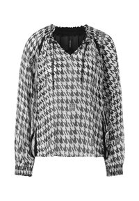 Pullover-Shirt mit schwarz-weißer Hahnentrittmusterung, elastischen Bündchen und Schnürkragen. Aus leichtem, transparentem Stoff mit Markenlogo.