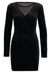 Schwarzes Samtkleid mit langen Ärmeln, V-Ausschnitt und goldenen Punkten über das gesamte Kleid verteilt. Leicht taillierte Form mit einer sanften Textur.