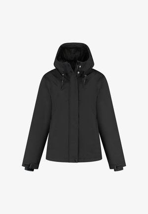 Zwarte hoodie met rits aan de voorkant, drukknoopjes, trekkoord kap en verstelbare polsbanden, weergegeven tegen een witte achtergrond.