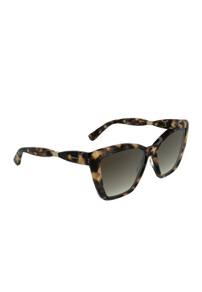 Lunettes de soleil œil de chat au motif écaille de tortue, avec des verres dégradés foncés et des branches fines ornées de subtiles touches dorées.