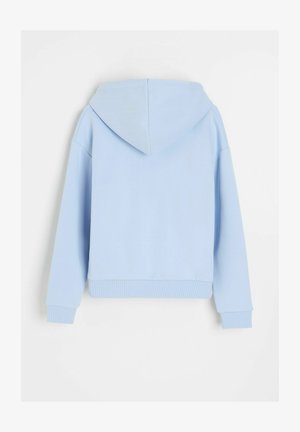 Jasnoniebieska bluza z kapturem z długimi rękawami i ściągaczami, pokazana od tyłu na jednolitym białym tle.