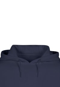 Marineblaue Kapuzenjacke mit großer Kapuze, verstellbaren Kordeln und einem weichen, strukturierten Stoff. Die Fronttasche ist im Bild nicht sichtbar.