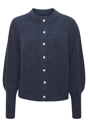 Marinblått stickat cardigan med rund halsringning, långa ärmar och sex dekorativa knappar som liknar juveler fram. Mjuk textur, avslappnad passform.