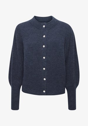 Gilet en maille bleu marine avec un col rond, des manches longues et six boutons décoratifs ressemblant à des gemmes sur le devant. Texture douce, coupe décontractée.