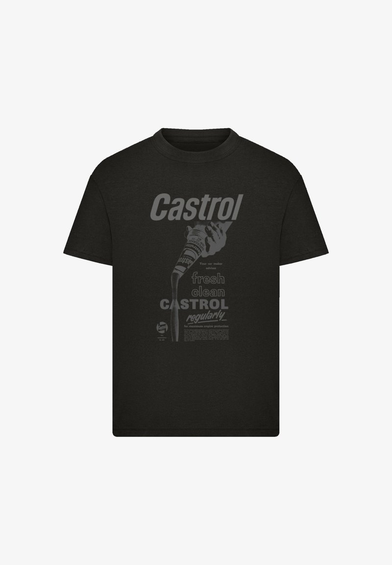 Black T-shirt with a gray graphic of a hand pouring Castrol oil and text promoting fresh, clean Castrol regularly for engine protection.