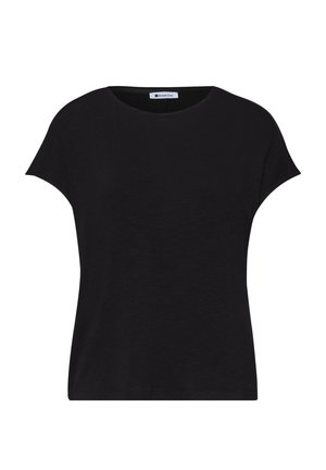 Zwart dames T-shirt met korte mouwen en een ronde hals met een subtiele textuur, met het label "Street One" aan de binnenkant van de kraag.