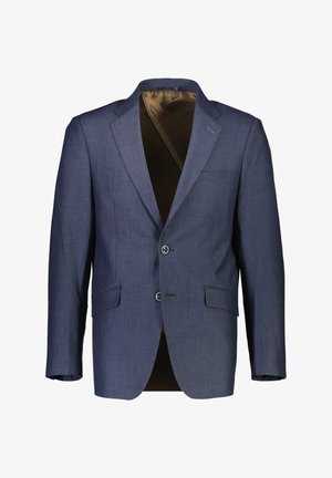 Blazer blu navy con chiusura a due bottoni, lapels a punta e due tasche frontali. Presenta un esterno liscio e una fodera marrone a fantasia.