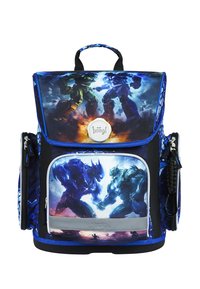 Zaino con tessuto blu e nero, caratterizzato da grafiche di robot. Include una tasca frontale con zip, una maniglia e un logo sul risvolto.