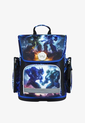 Rucksack aus blauem und schwarzem Stoff mit Robotergrafiken. Enthält eine Front-Reißverschlusstasche, einen Griff und ein Logo auf dem Deckel.